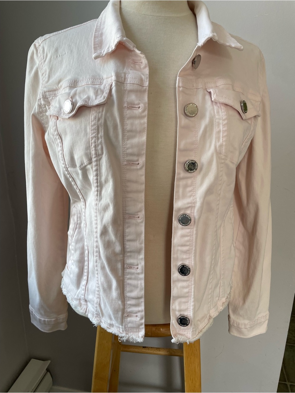 Angels Forever Young Pink Denim Jacket Distressed Hem Size Medium